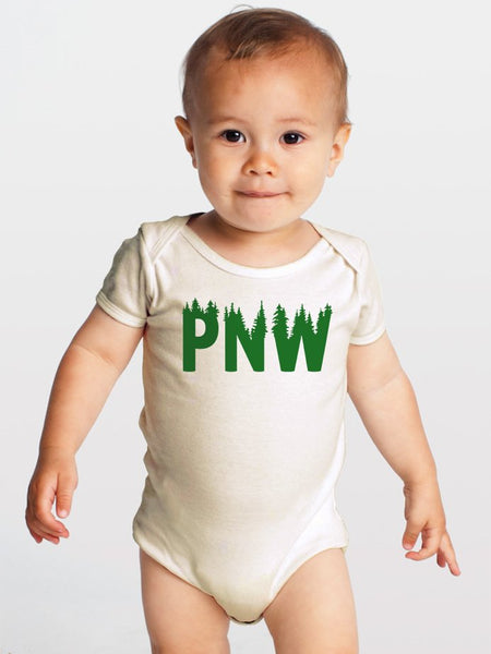 Baby wearing a PNW Pacific Northwest baby romper