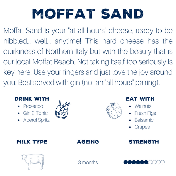 Moffat Sand Hard Cheese is made by Max+Tom, Sunshine Coast Cheesemaker. This is an Italian style hard cheese