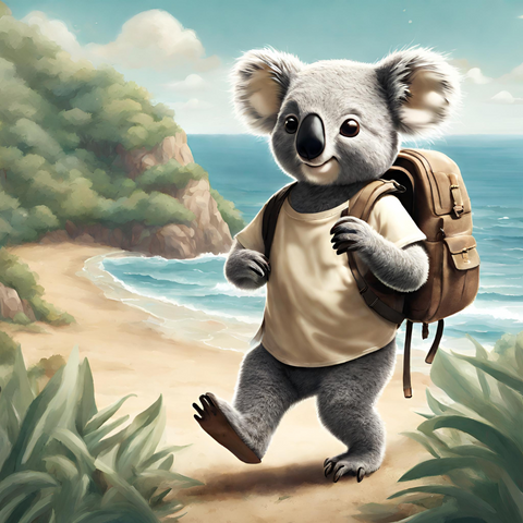 Kip the Koala enjoying a walk along the beach