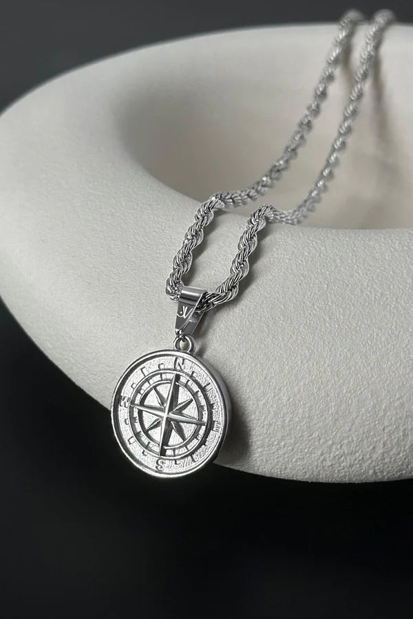 Compass Pendant With Silver Rope Chain