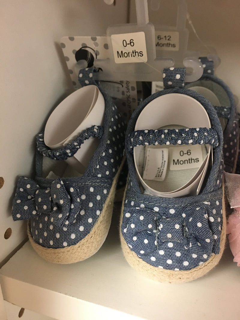Blue denim with white polka dot and bow 0-6, 6-12, 12-18month