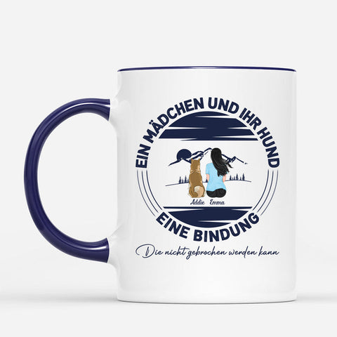 personalisierte tasse in blau mit mädchen und hund