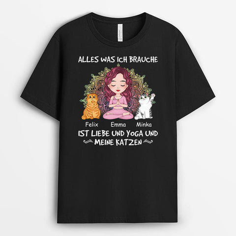 Personalisiertes Alles Was Ich Brauche Ist Liebe Und Yoga Und Meine Katzen T-Shirt Lustiges Geschenk für Freundin