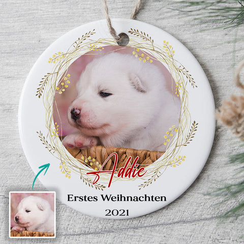 personalisiertes ornament mit süssen hund in weiss