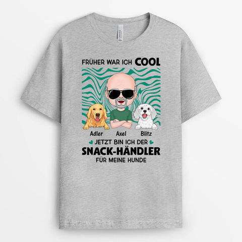 personalisiertes t-shirt mann mit sonnenbrille und 2 hunden in grau