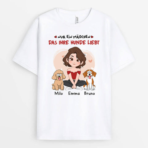 personalisiertes t-shirt mit mädchen und 2 hunden in weiss