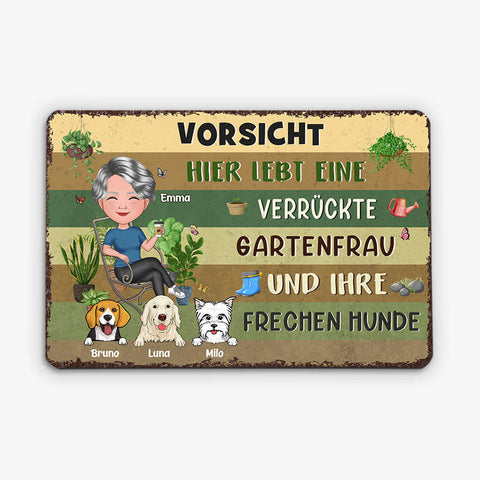 Personalisiertes Vorsicht! Hier Wohnen Eine Verrückte Pflanzenfrau Und Ihre Frechen Hunde Türschild Geschenk zum 70 Geburtstag Oma[product]