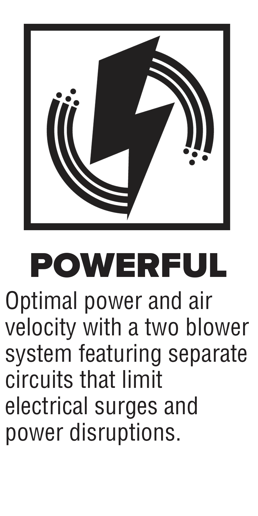 Powerful, Optimal power and air velocity with a two blower system featuring separate circuits that limit electrical surges and power disruptions.
