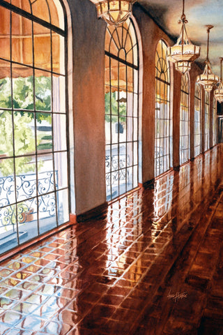 Reflection of outside street through tall arched windows onto interior tile flooring, one point perspective interior room