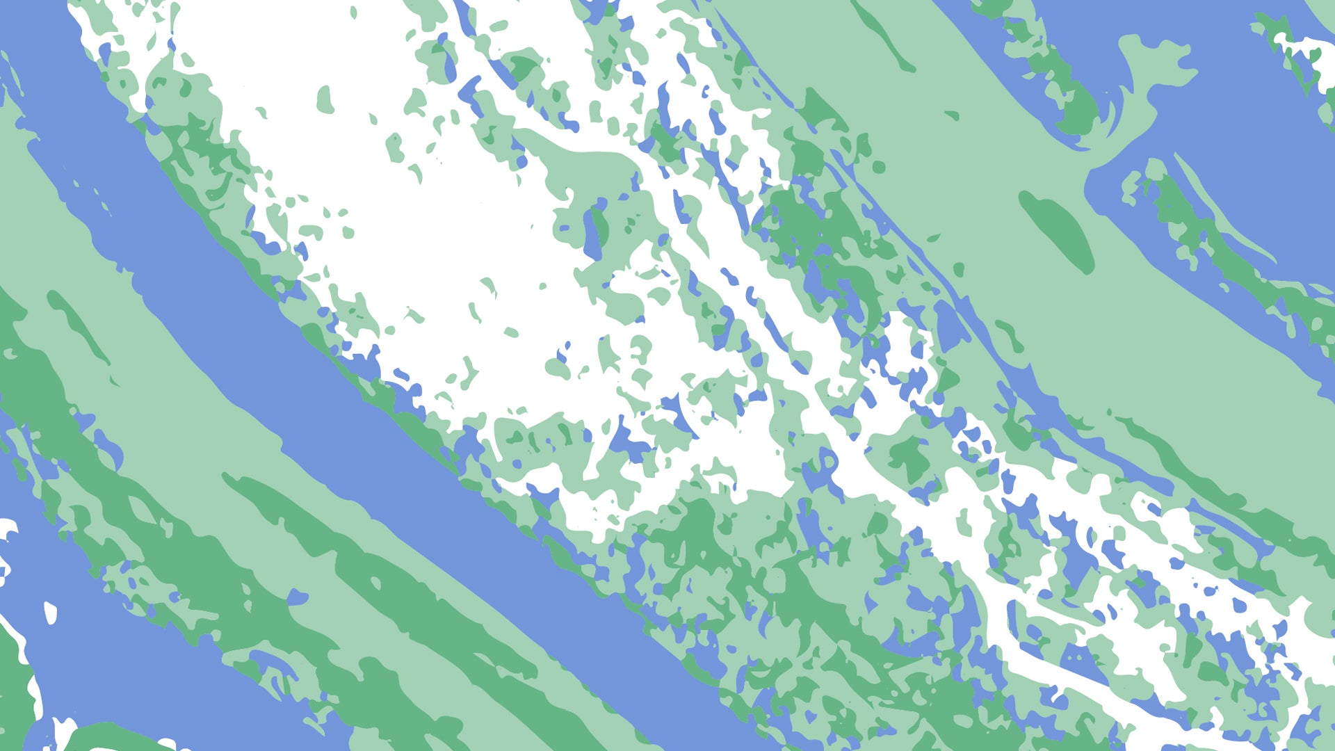Ilustración en verde, azul y blanco de la marisma vista desde arriba.