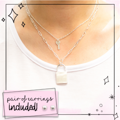 Silver Lock and Key Necklace/Earring Set