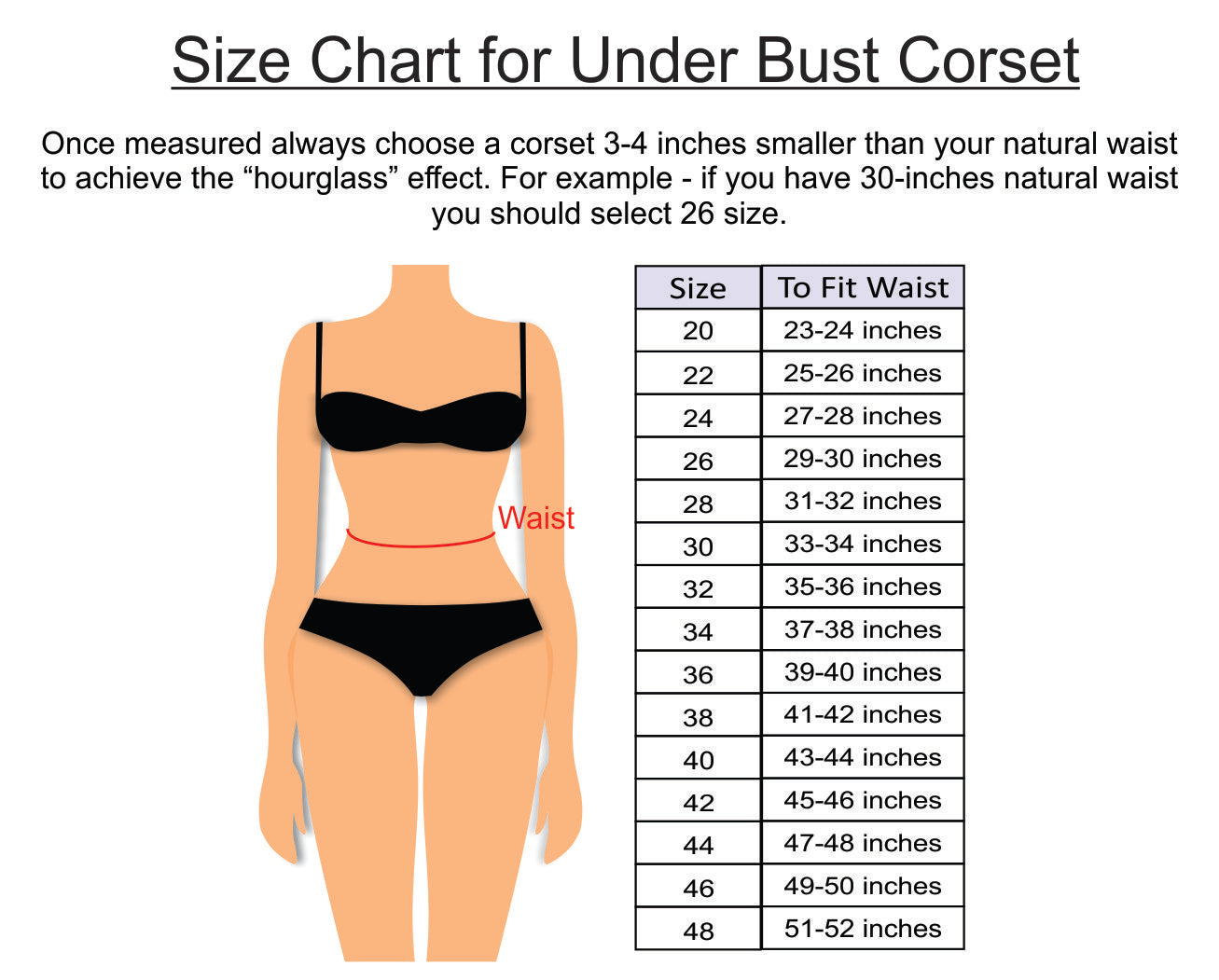Size Chart Under Bust Corset
