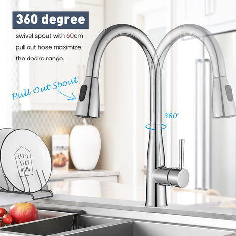 A tall kitchen tap sink mixer faucet with a sleek chrome finish and premium brass construction