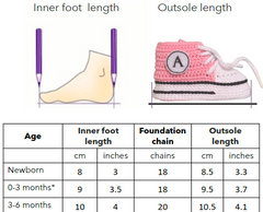 different sizes for crochet sneakers