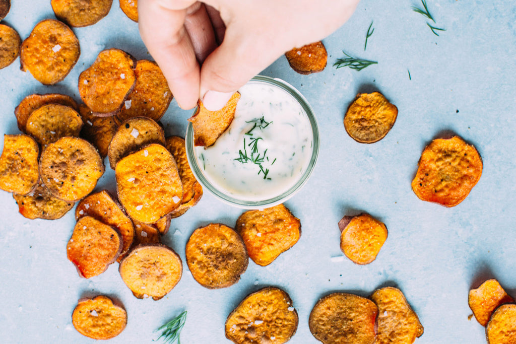 Oven baked sweet potato chips with dairy free ranch dip