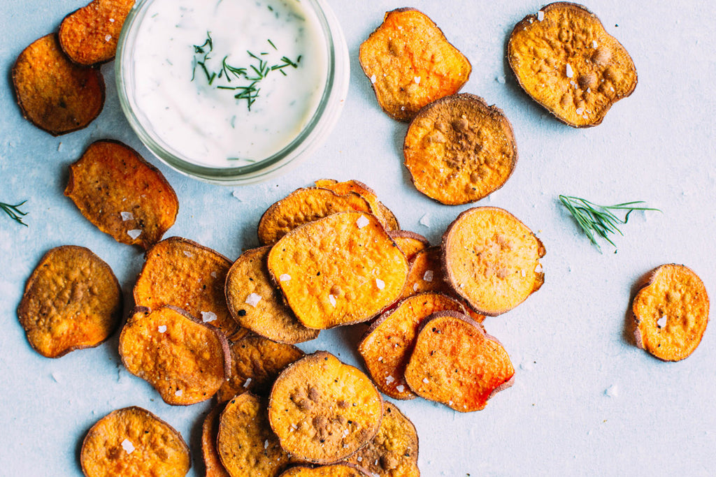 Oven baked sweet potato chips with dairy free ranch dip