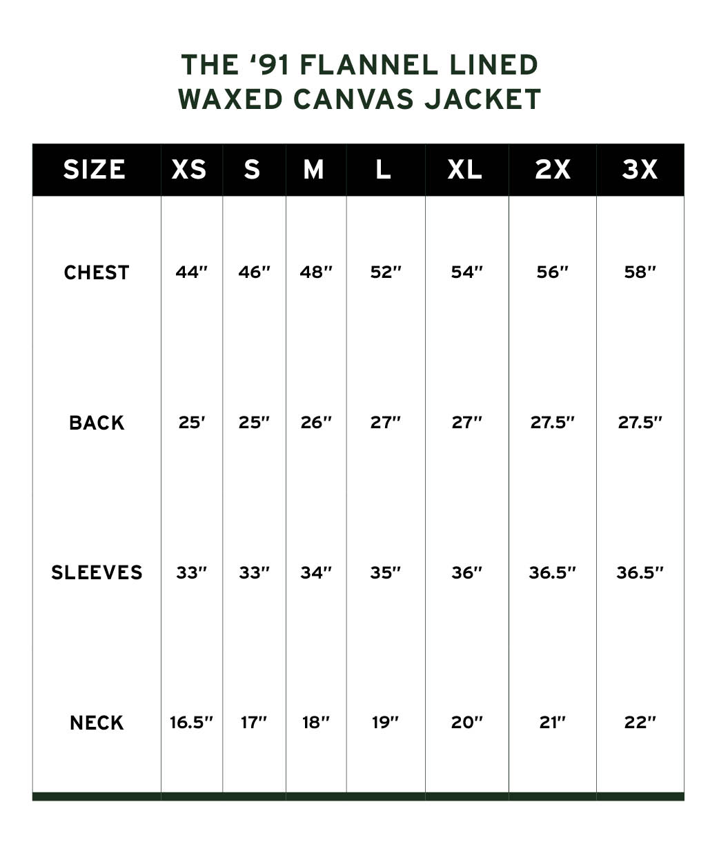 91 Jacket Size Chart