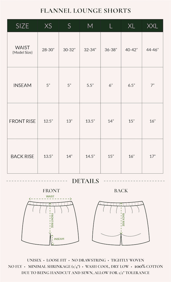 flannel lounge short size chart