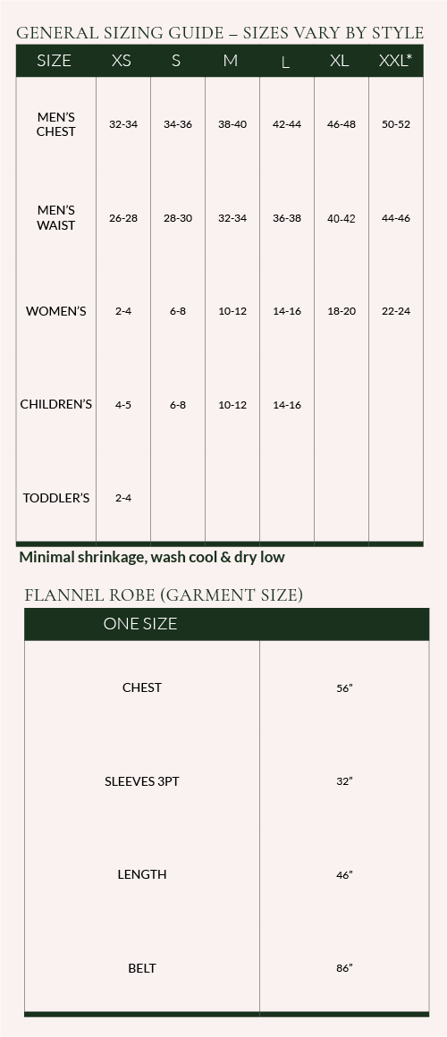 robe size chart