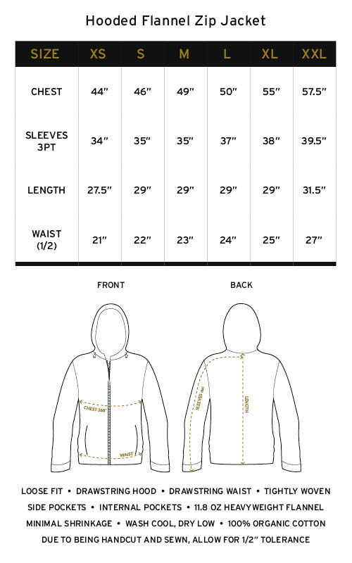 zip jacket size chart