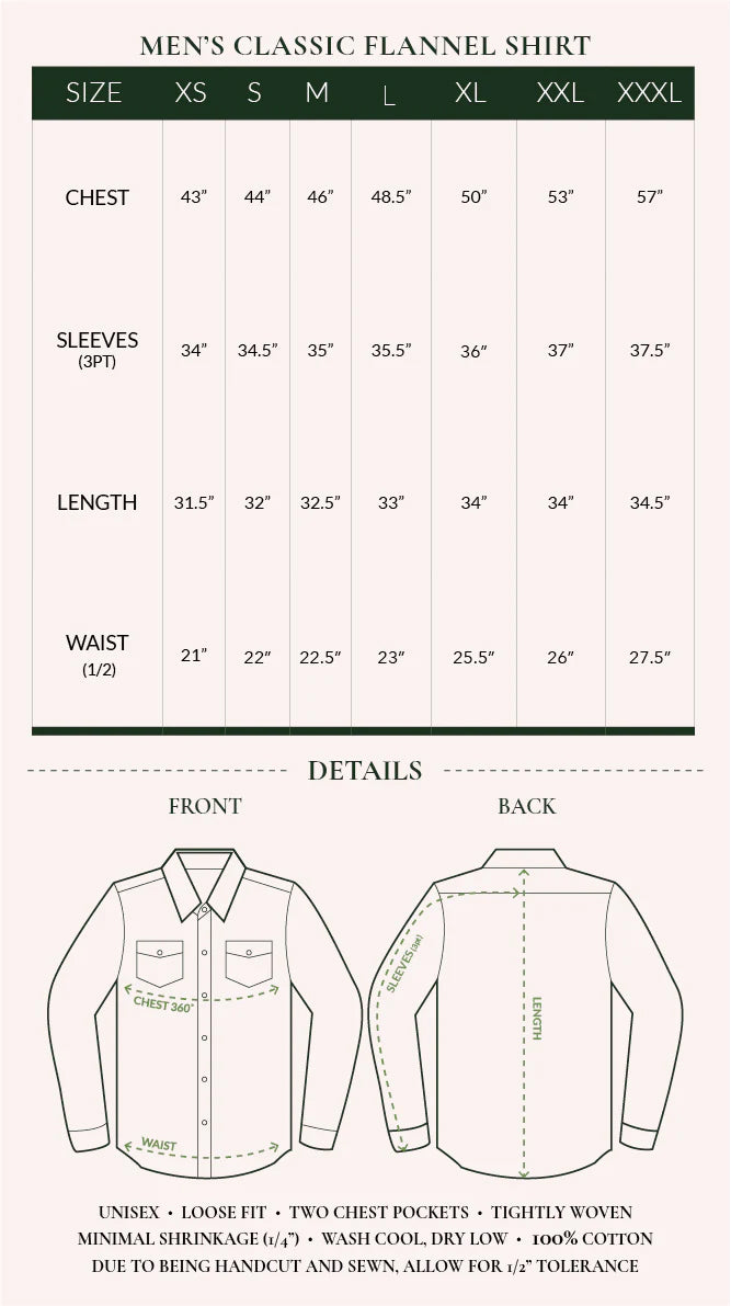 mens classic flannel size chart