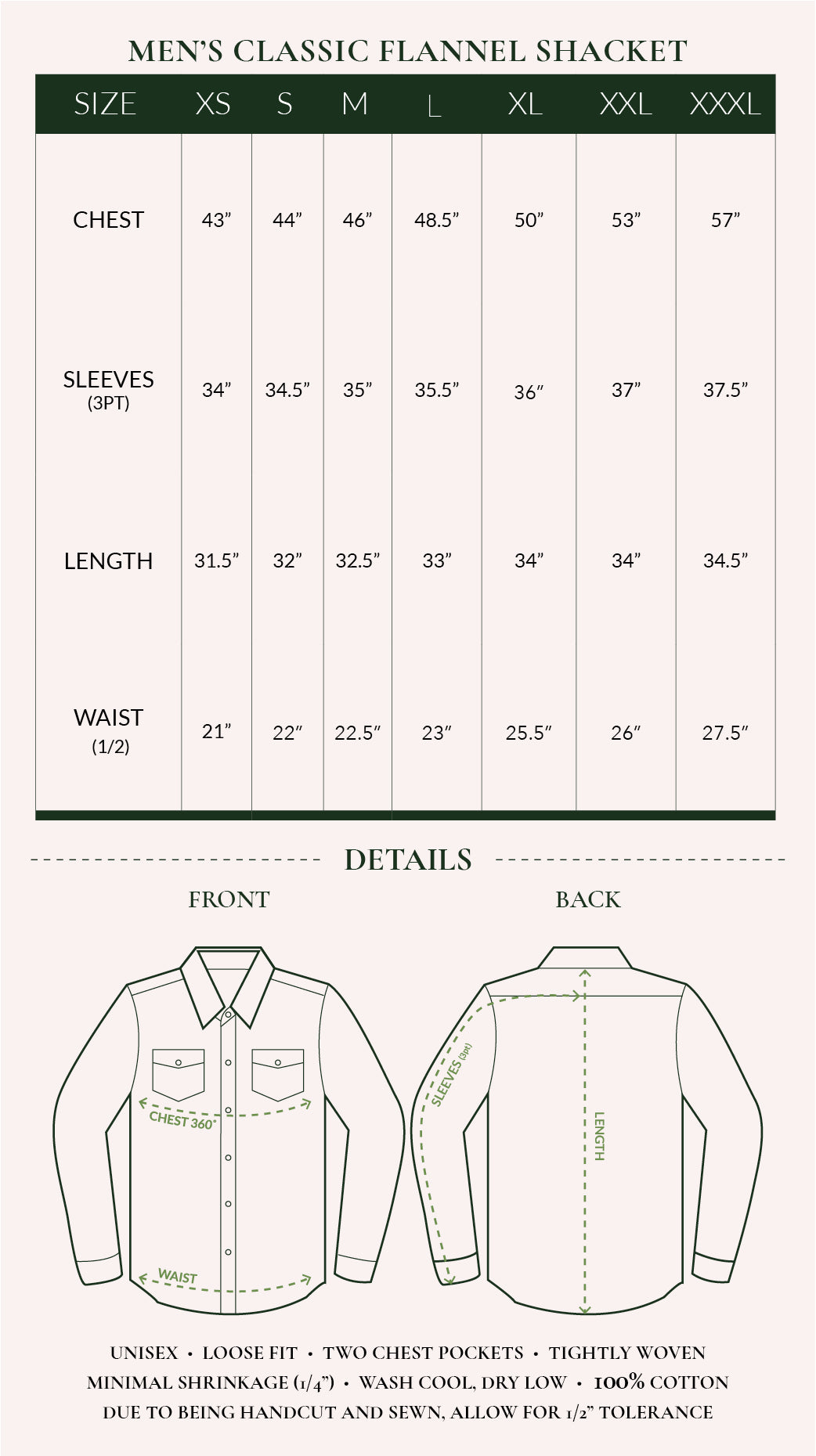 classic shacket size chart