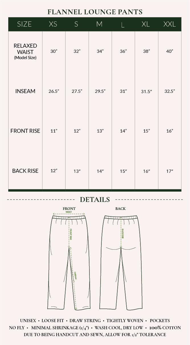 lounge pants size chart