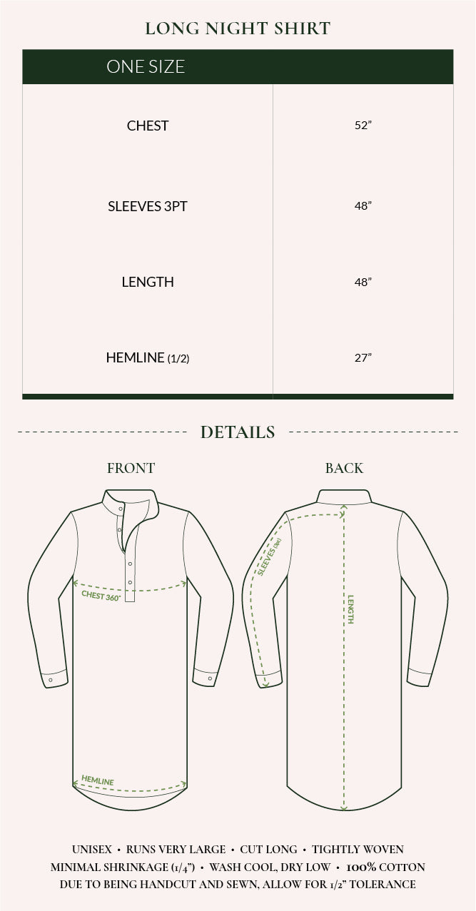 long night shirt size chart