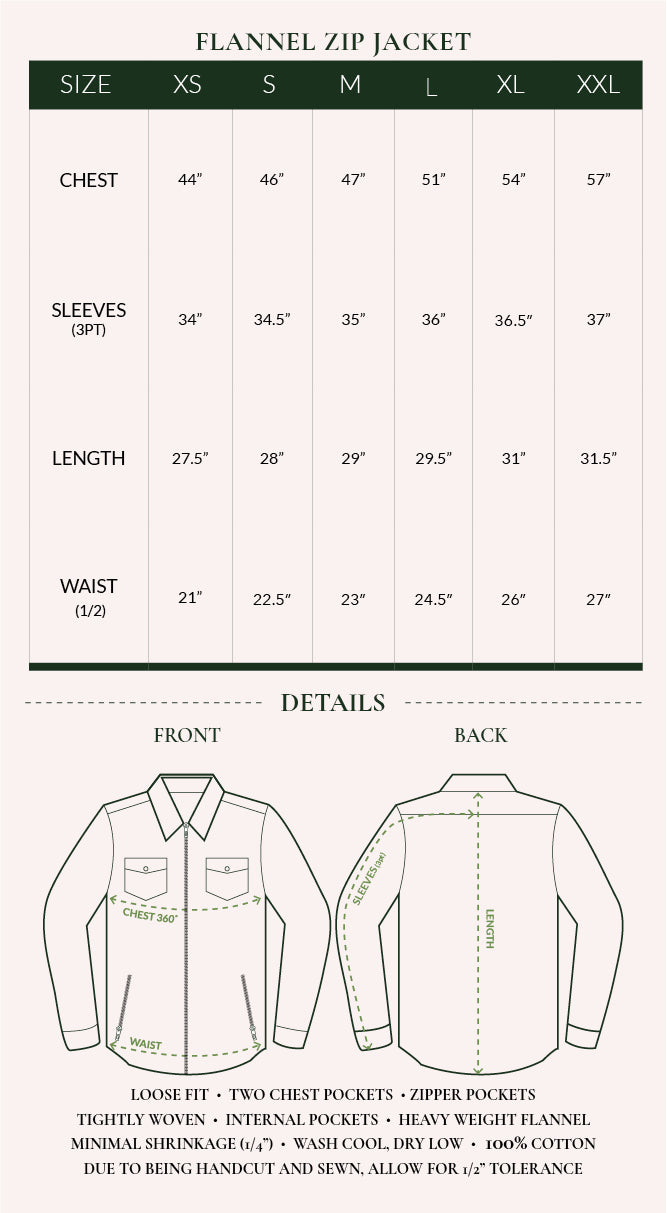 Zip Jacket Size Chart
