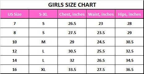 esteez size chart for girls