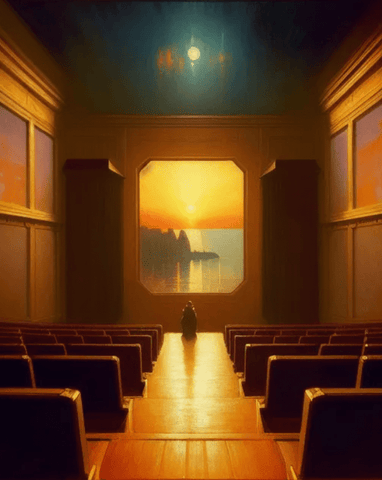 Digital painting of inside a movie theater playing inspirational movies