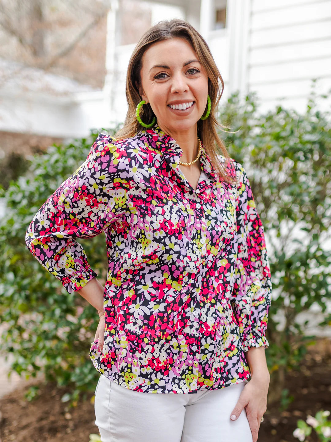 Michelle McDowell Spring Floral Ruffle Button Down Top