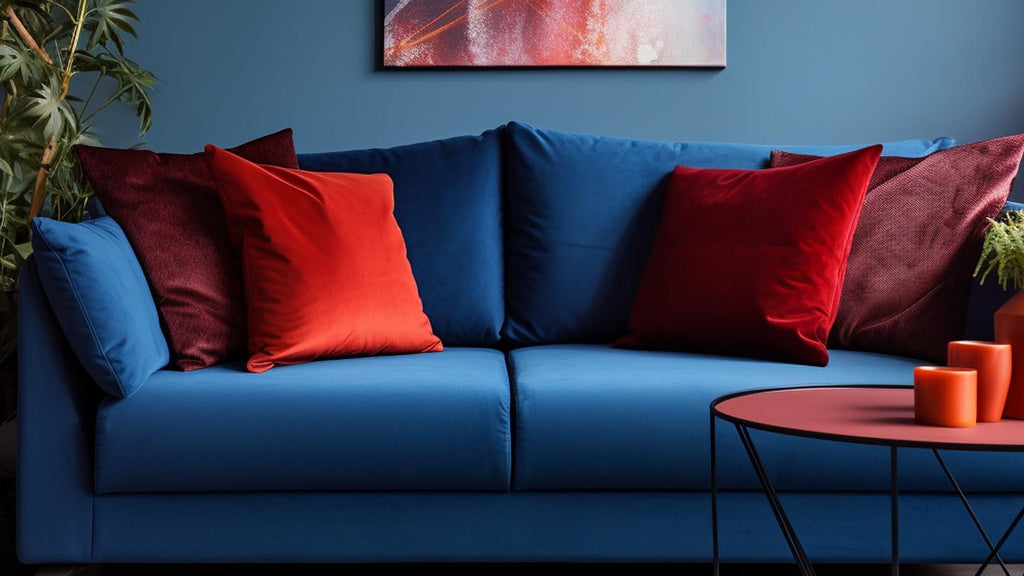 blue sofa with red cushions on it