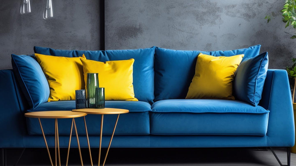 blue sofa yellow cushions