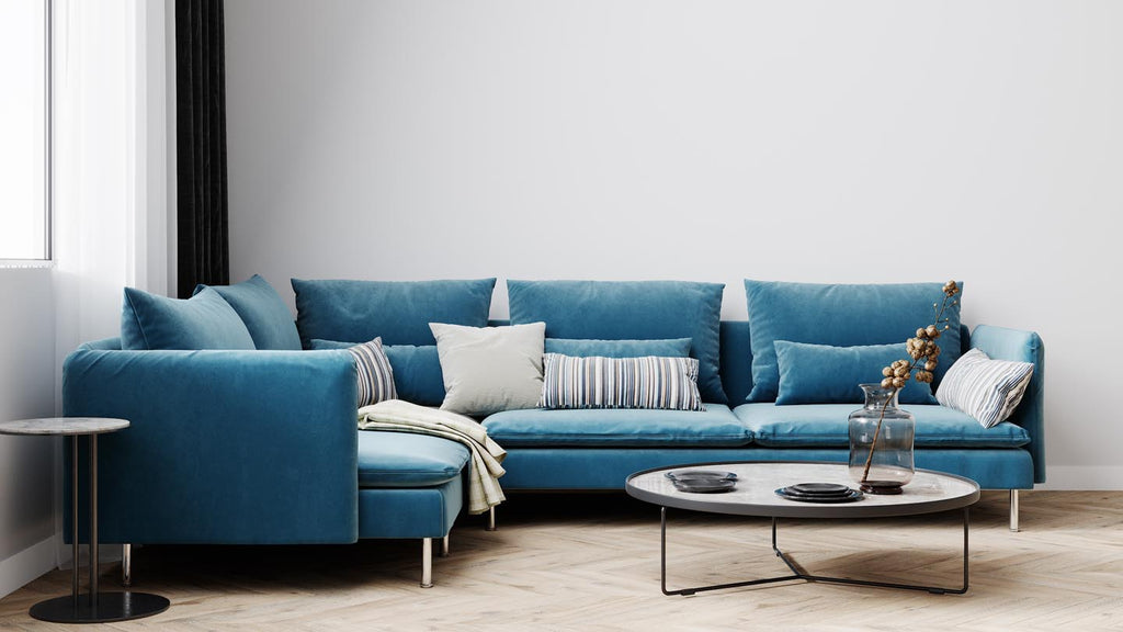 Blue sofa with cushions