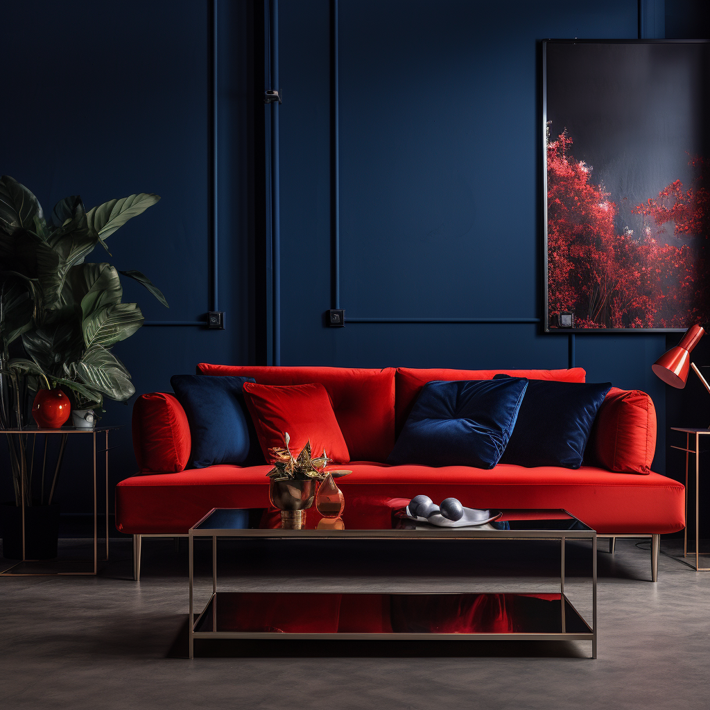 blue cushions on red sofa