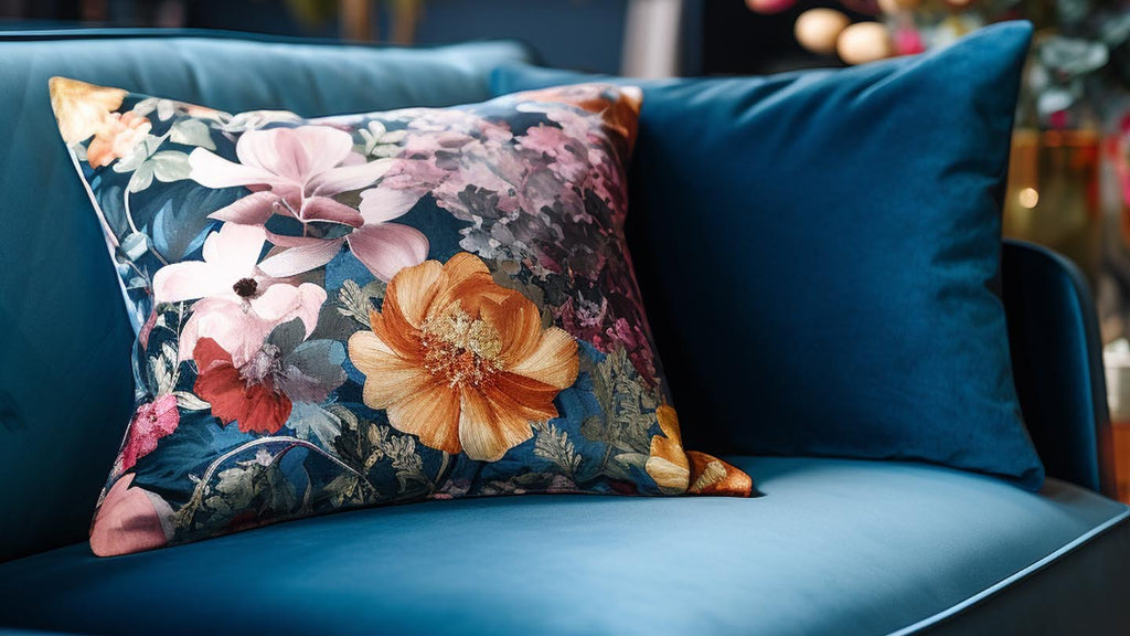 blue sofa and floral cushion