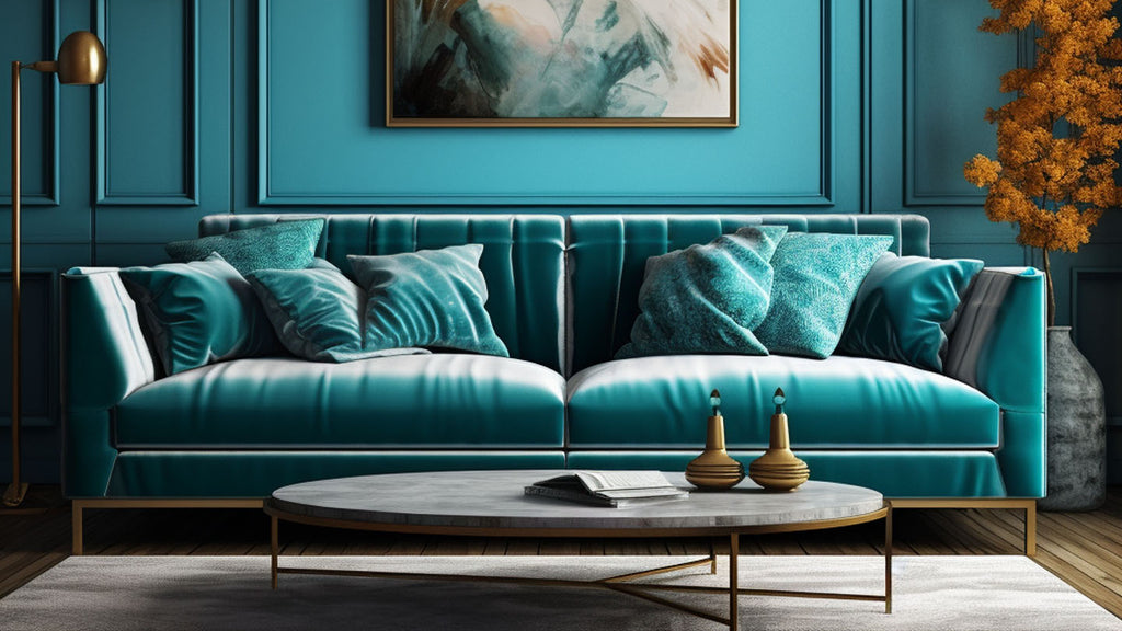 blue cushions on teal sofa