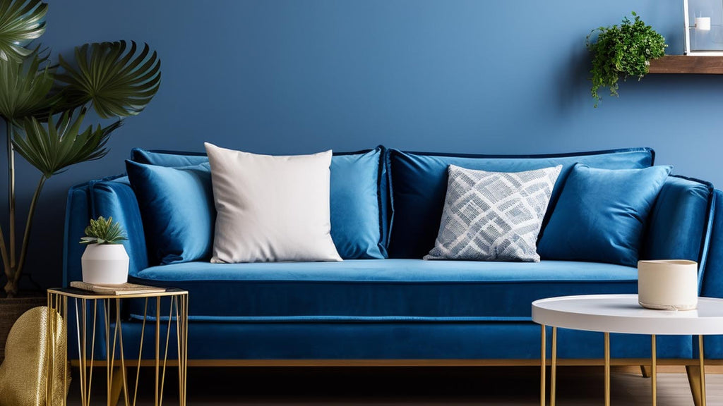 blue sofa white cushions