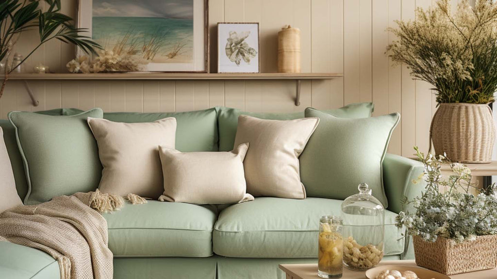 cream cushions on green sofa