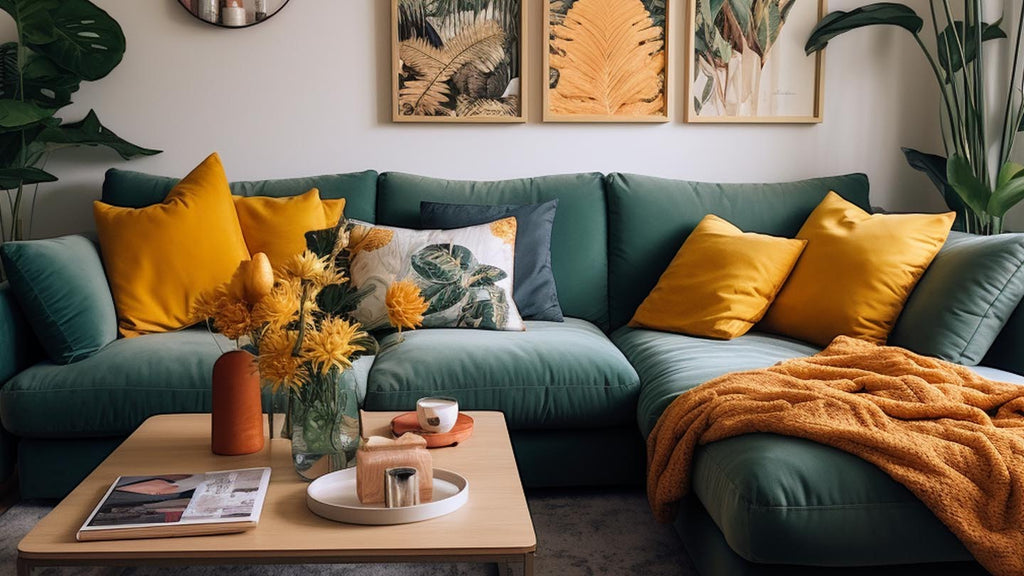 yellow cushions on green sofa
