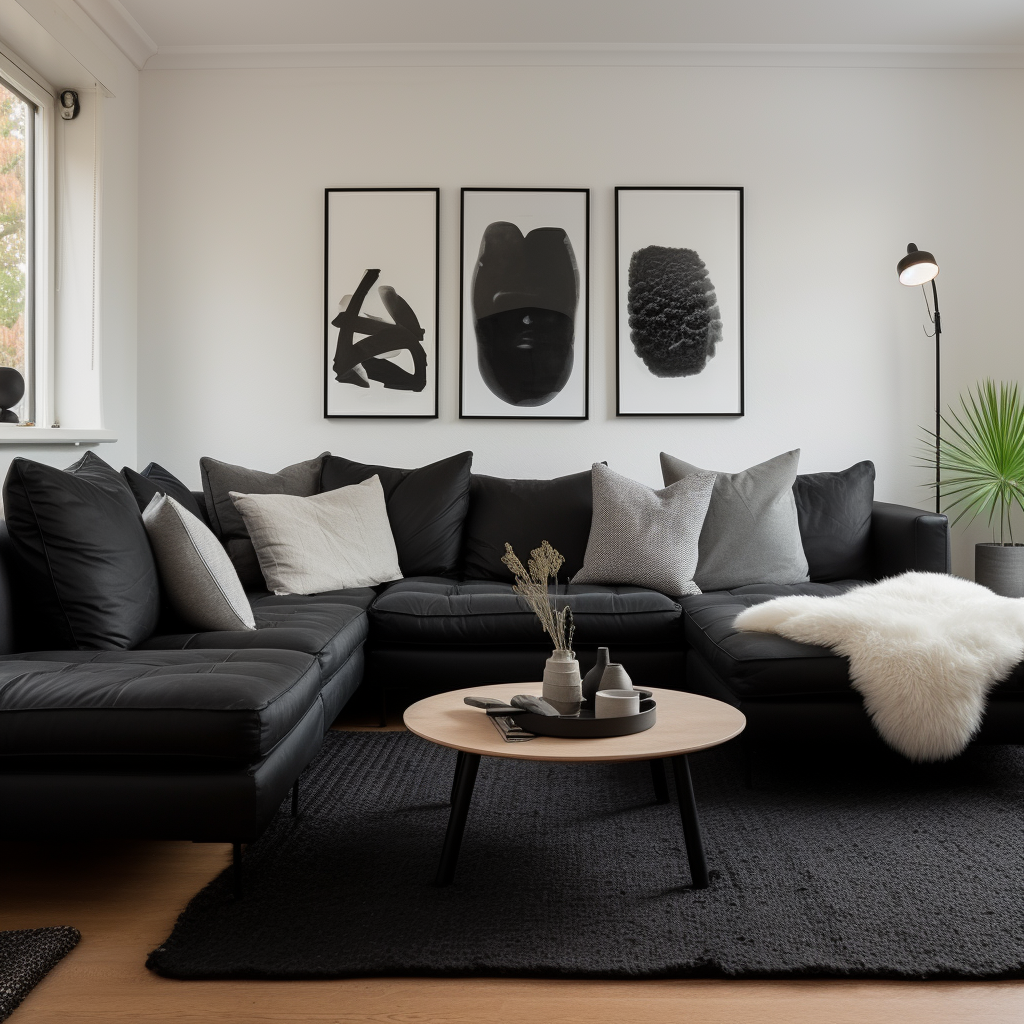 grey black and white cushion covers on black sofa