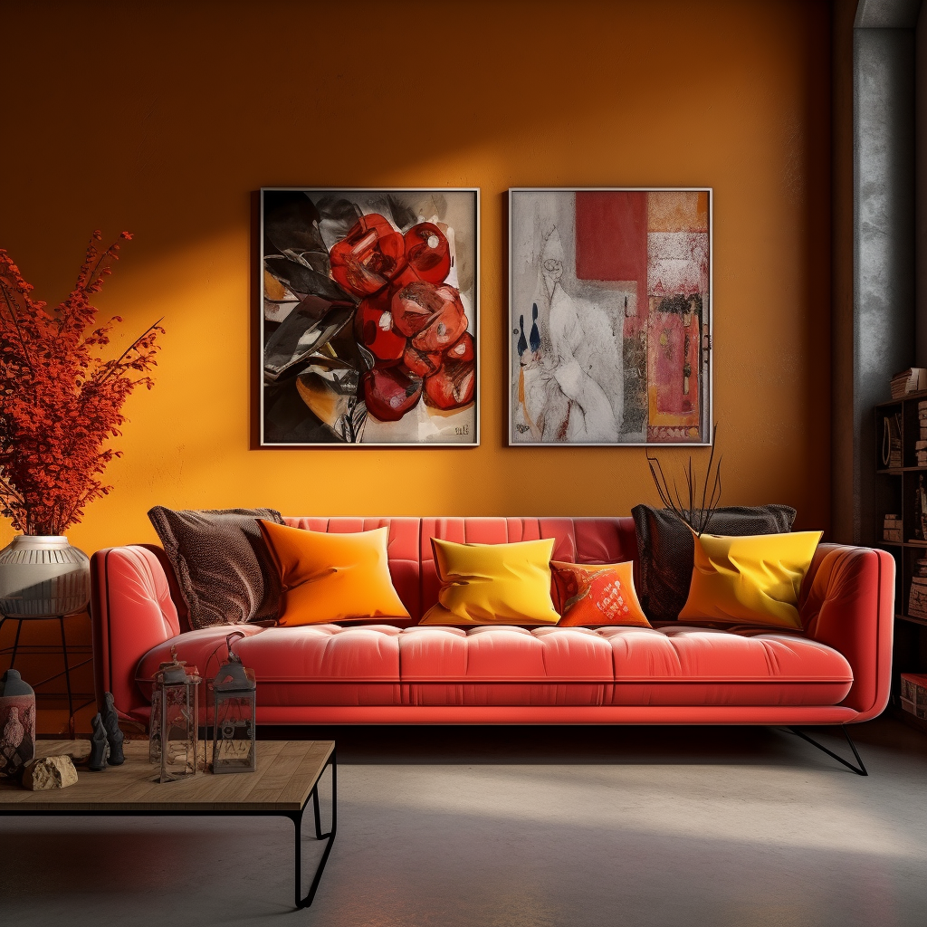 orange and yellow cushions on red sofa