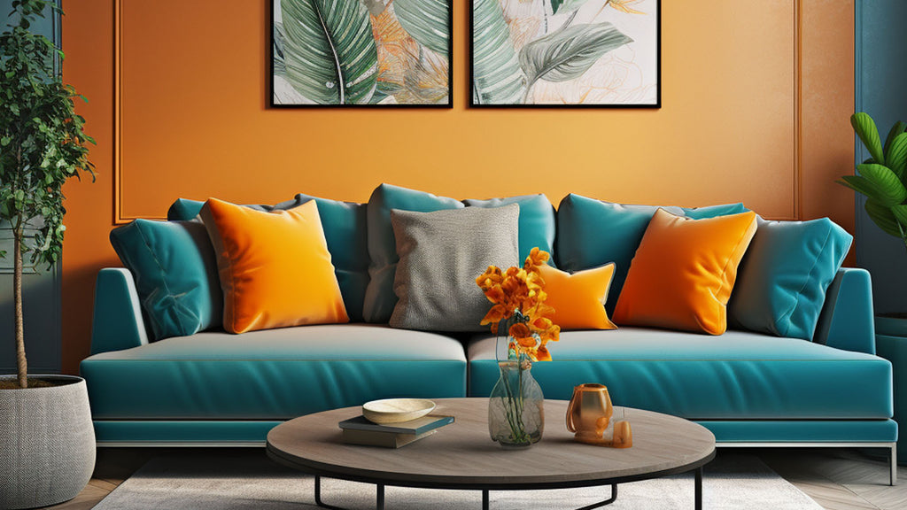 orange cushions on teal sofa