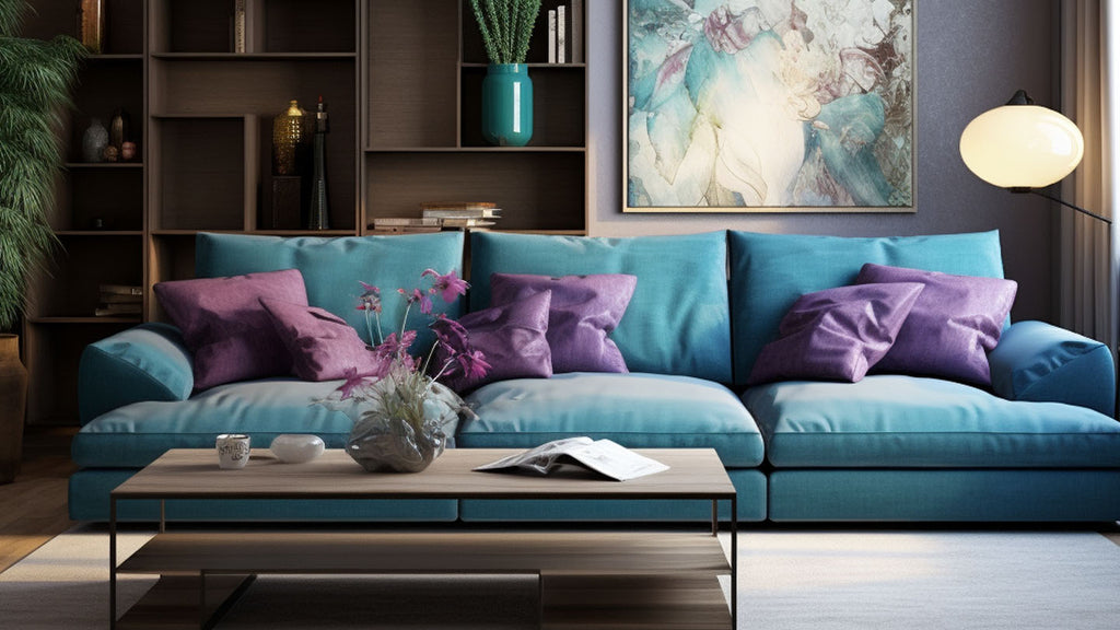 purple cushions on teal sofa