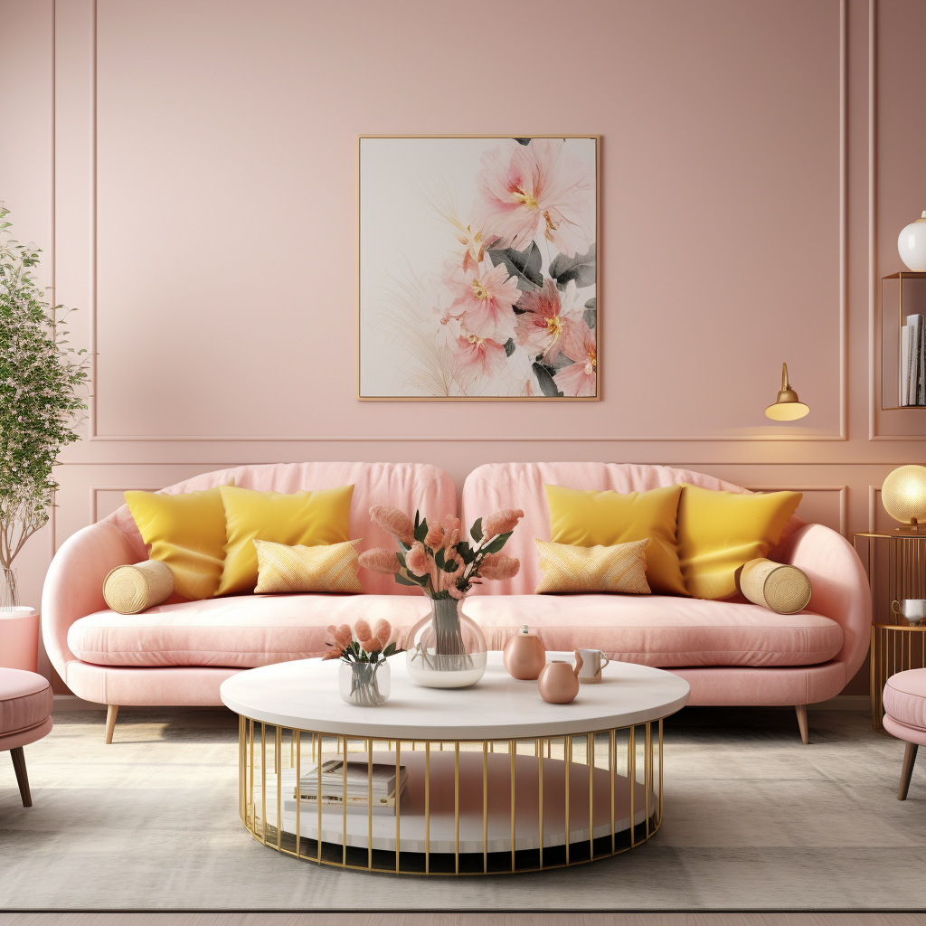 yellow cushions on a pink sofa