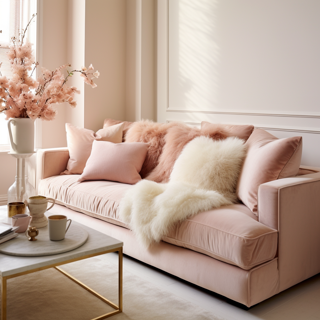 pink sofa with a cream cushions on