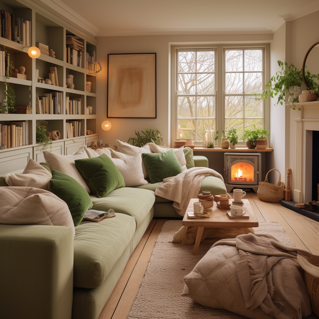 Cozy Beige Sofa with Stylish Olive Green Accents