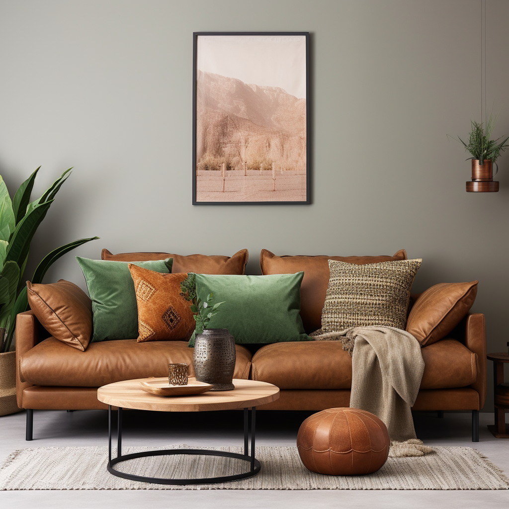 sage green cushion covers on a brown leather sofa