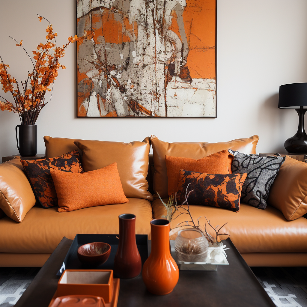 orange cushion covers on a brown leather sofa